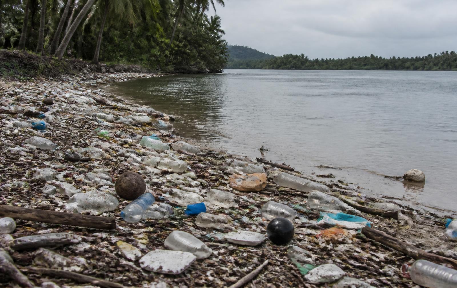 Plastic waste scattered along a tropical river bank and shoreline under overcast light